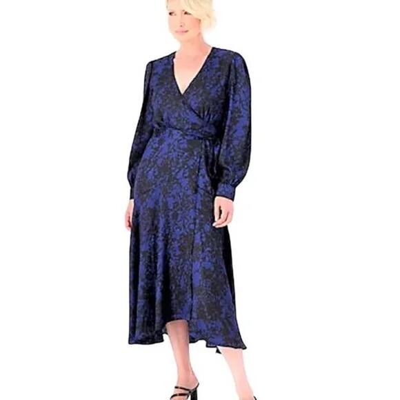 Susan Graver Occasions Blue Black Monochrome Leopard Long Sleeve Midi Wrap Dress - Picture 1 of 13